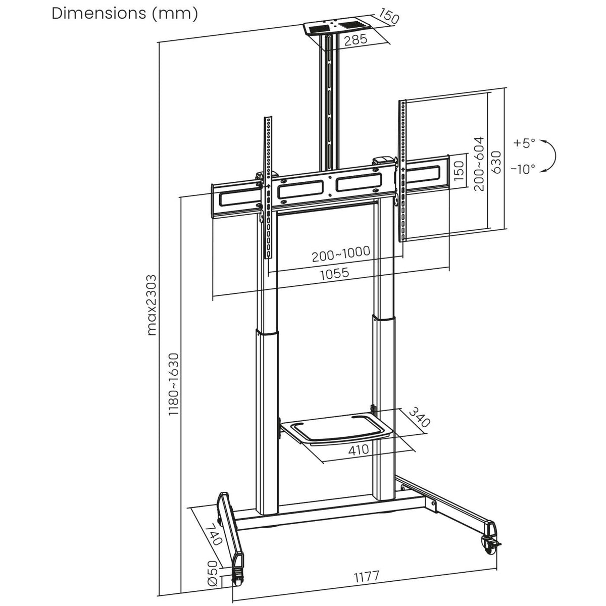 Large-Screen Multimedia TV Cart with Tool-Free Height Adjustment, for 60" to 120" Displays Image 15