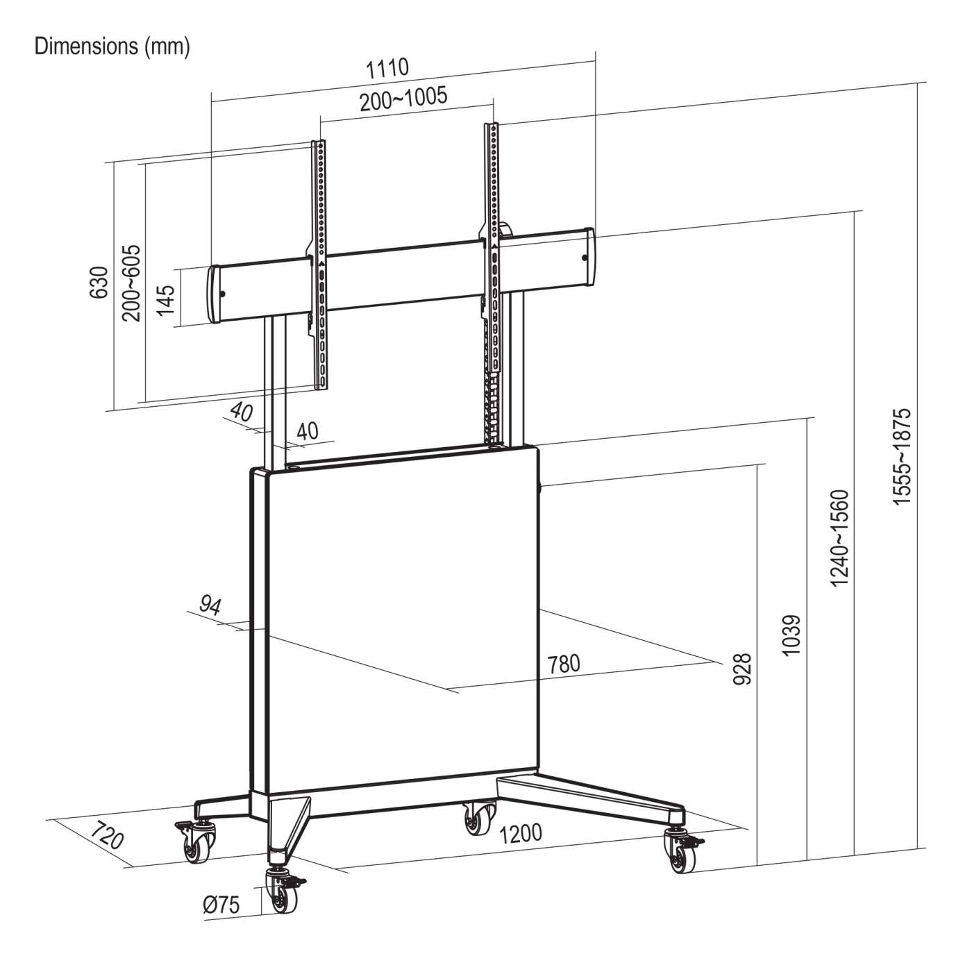 TV Cart with Tool-Free Lift & Lock Height Adjustment, for 50" to 100" Displays Image 15