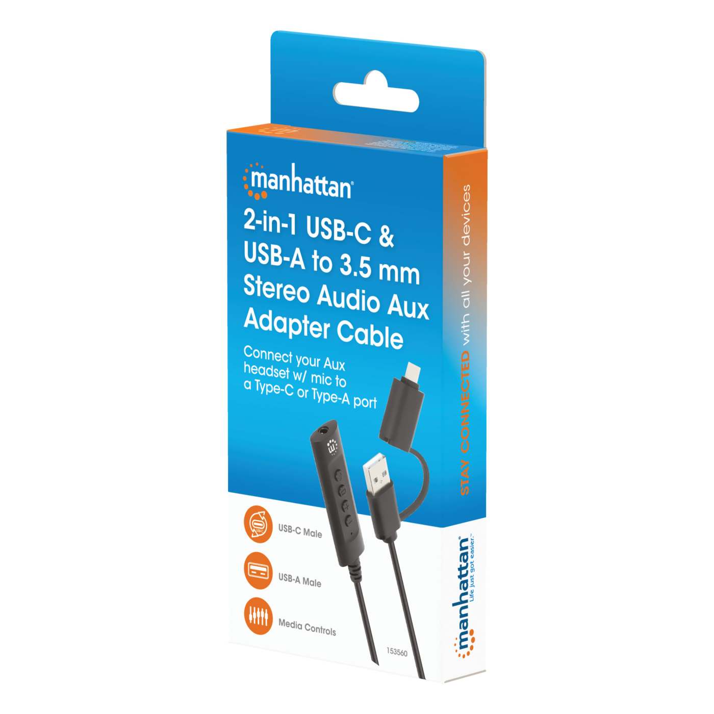 2-in-1 USB-C & USB-A to 3.5 mm Stereo Audio Aux Adapter Cable Packaging Image 2