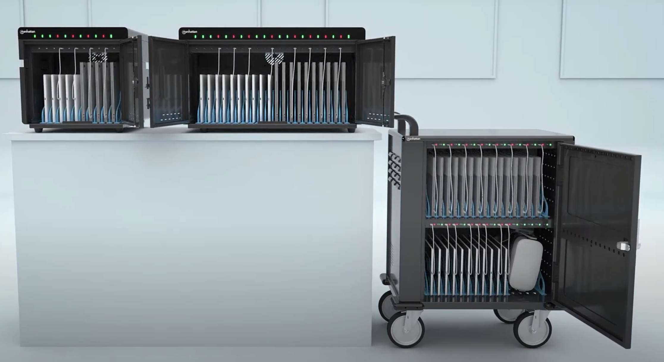 Load video: Manhattan 10-Port, 20-Port and 32-Port USB-C Charging Cabinets