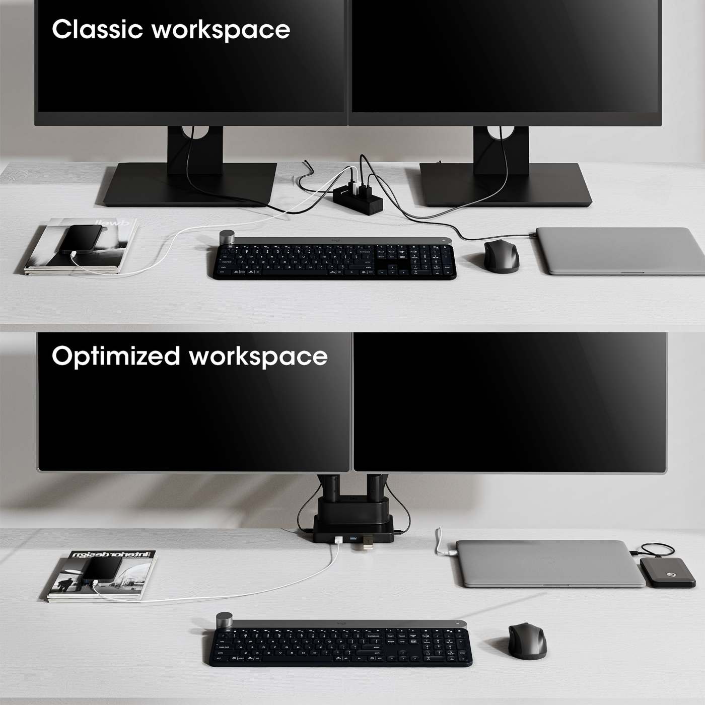 Aluminum Gas Spring Dual Monitor Desk Mount w/ 8-in-1