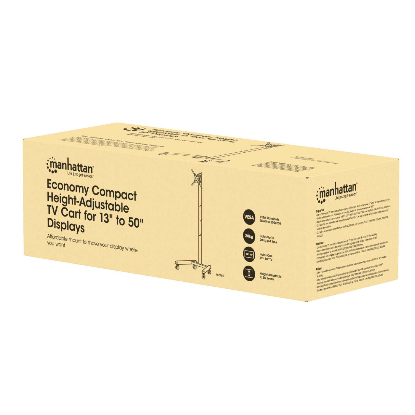 Economy Compact Height-Adjustable TV Cart, for 13" to 50" Displays Packaging Image 2