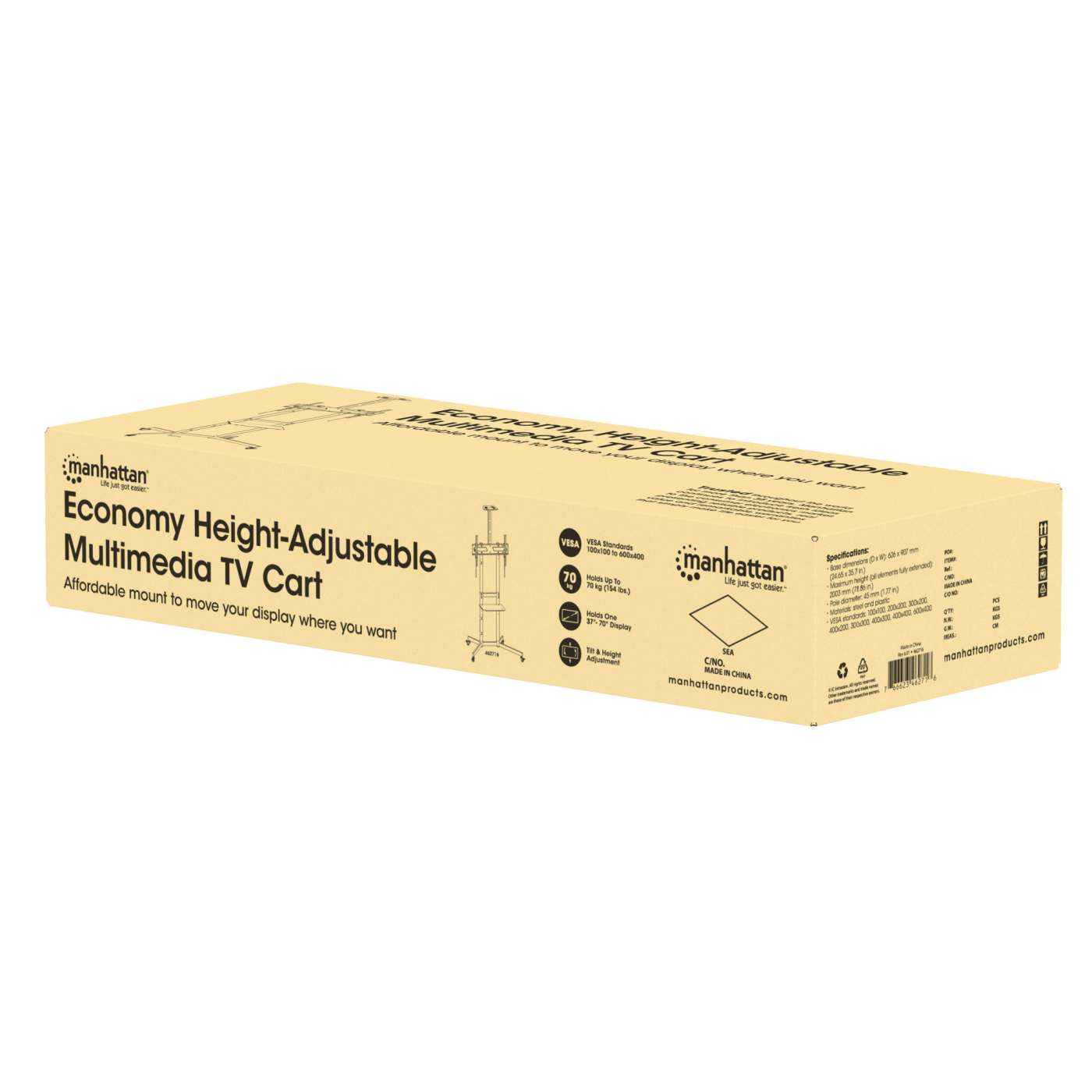 Economy Height-Adjustable Multimedia TV Cart, for 37" to 70" Displays Packaging Image 2