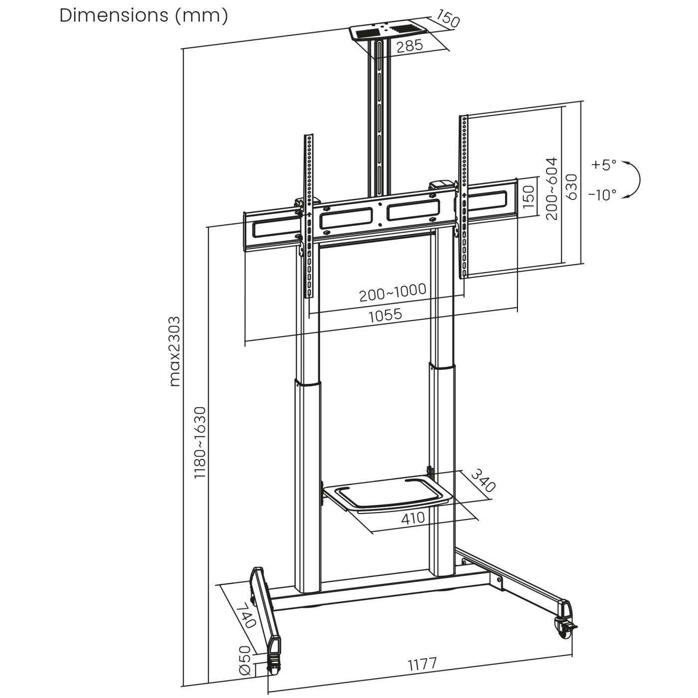 Large-Screen Multimedia TV Cart with Tool-Free Height Adjustment, for 60" to 120" Displays Image 15