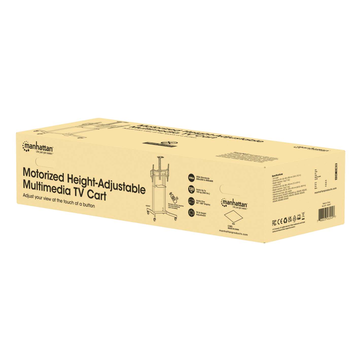 Motorized Height-Adjustable Multimedia TV Cart, for 55" to 100" Displays Packaging Image 2