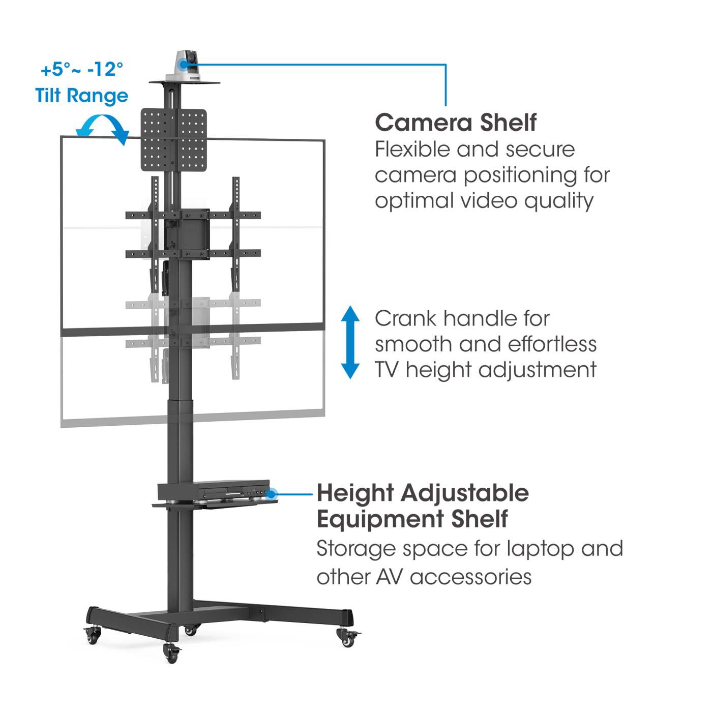 Multimedia TV Cart with Tool-Free Height Adjustment, for 37" to 86" Displays Image 5