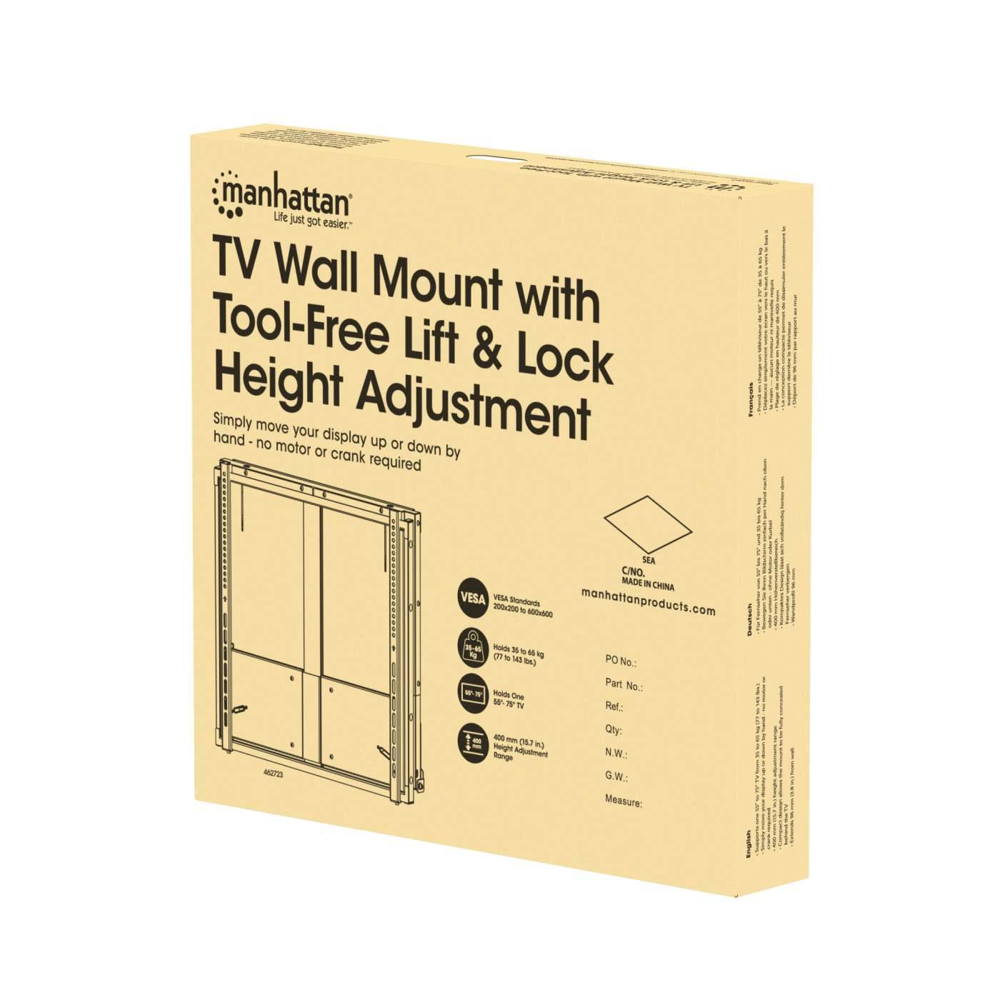 TV Wall Mount with Tool-Free Lift & Lock Height Adjustment, for 55" to 75" Displays Packaging Image 2