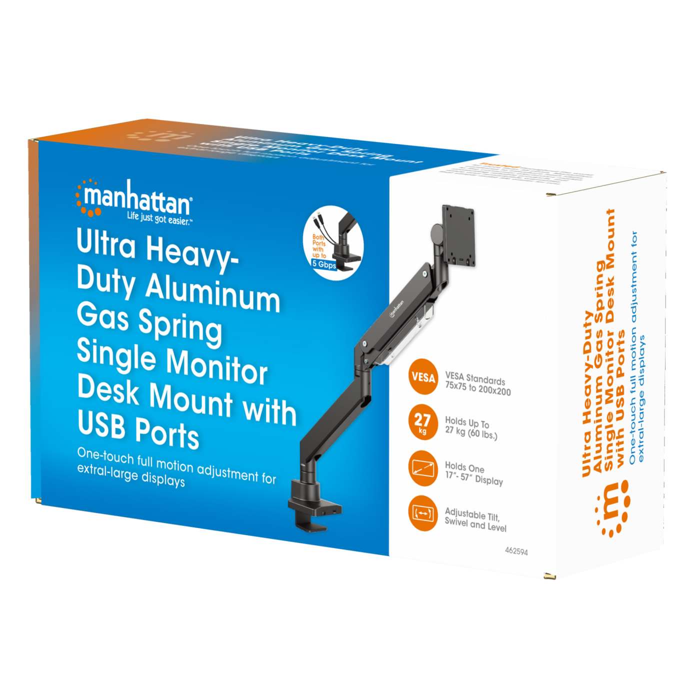 Ultra Heavy-Duty Aluminum Gas Spring Single Monitor Desk Mount with USB Ports Packaging Image 2