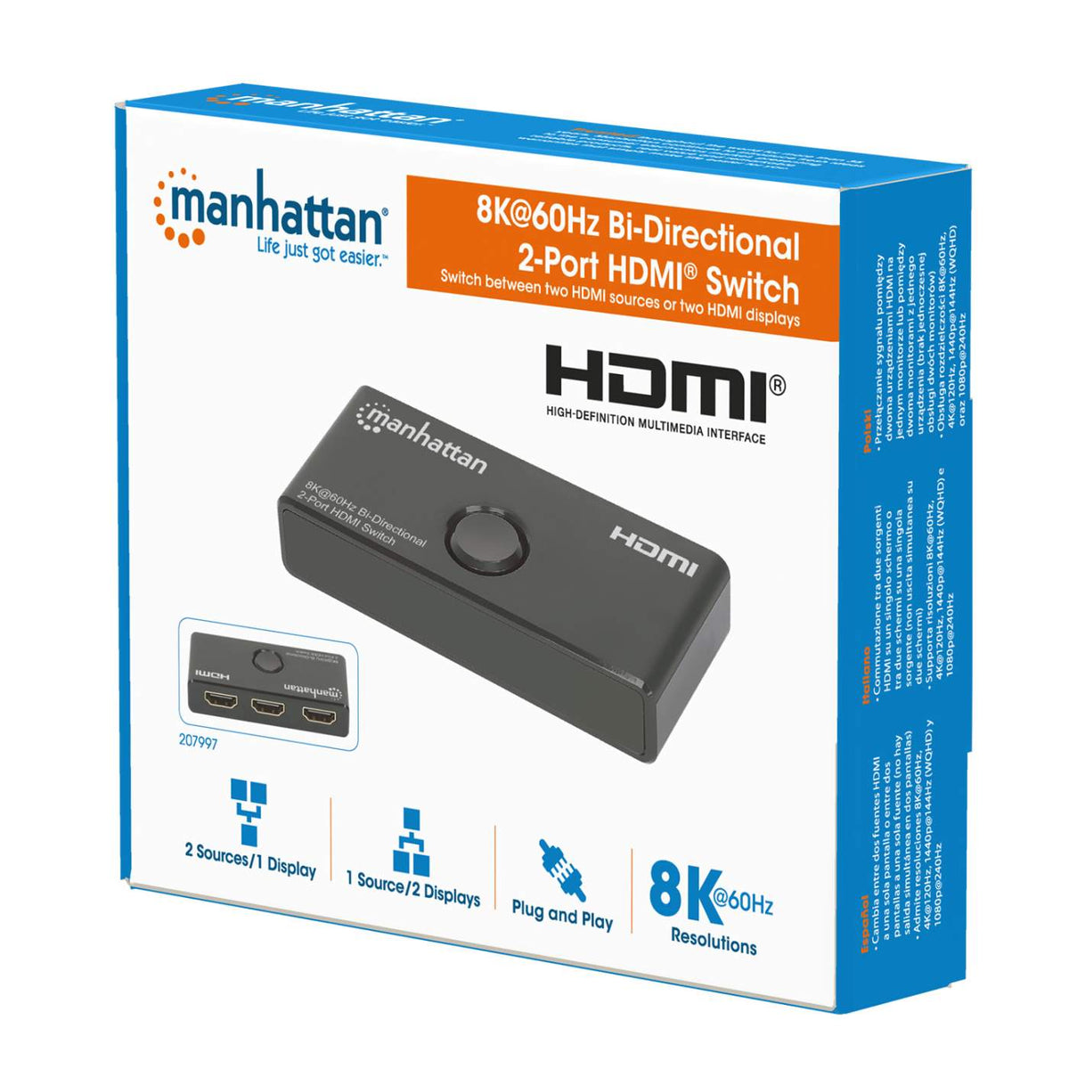 Manhattan 8K@60Hz Bi-Directional 2-Port HDMI Switch (207997)