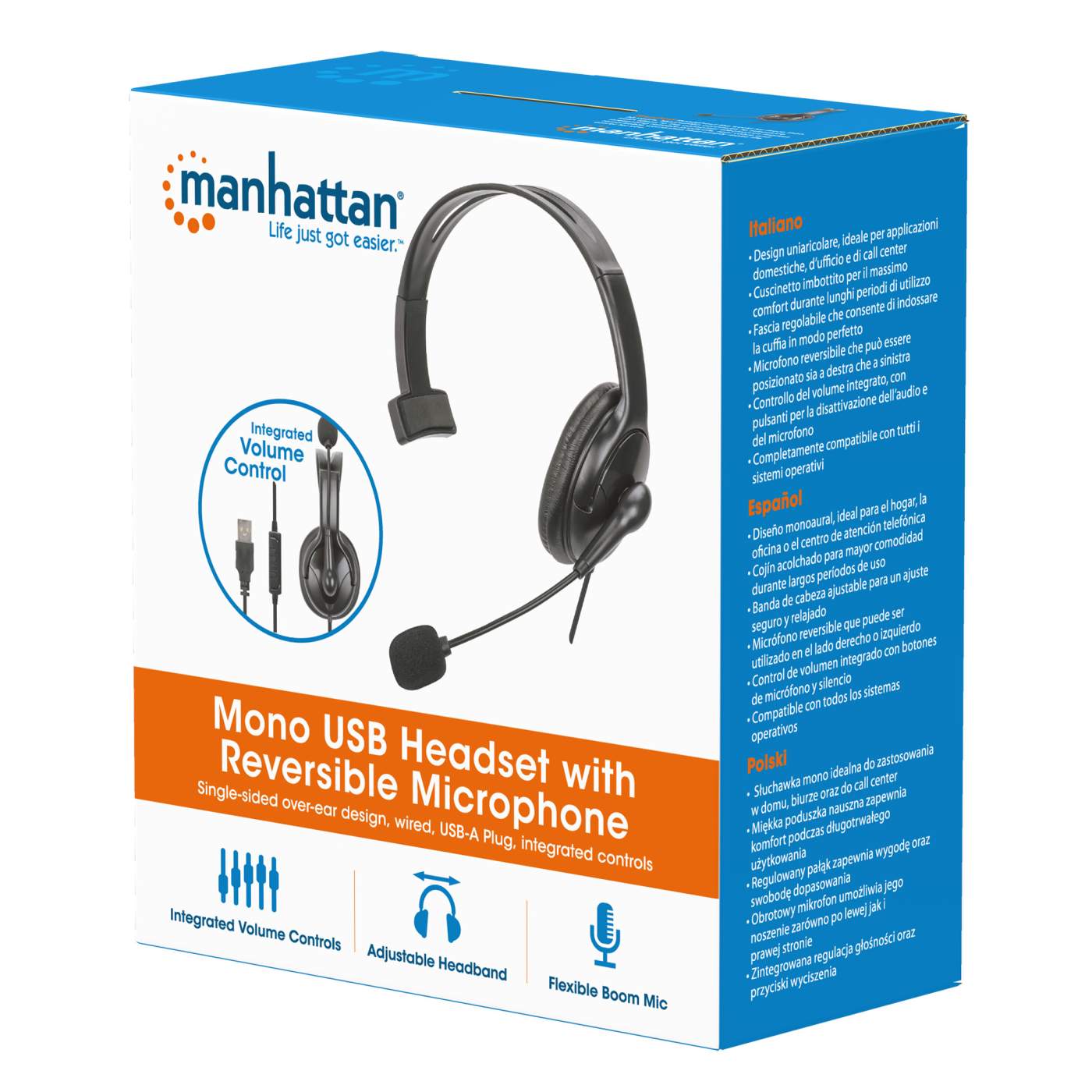 Manhattan Mono USB Headset with Reversible Microphone (180849) 