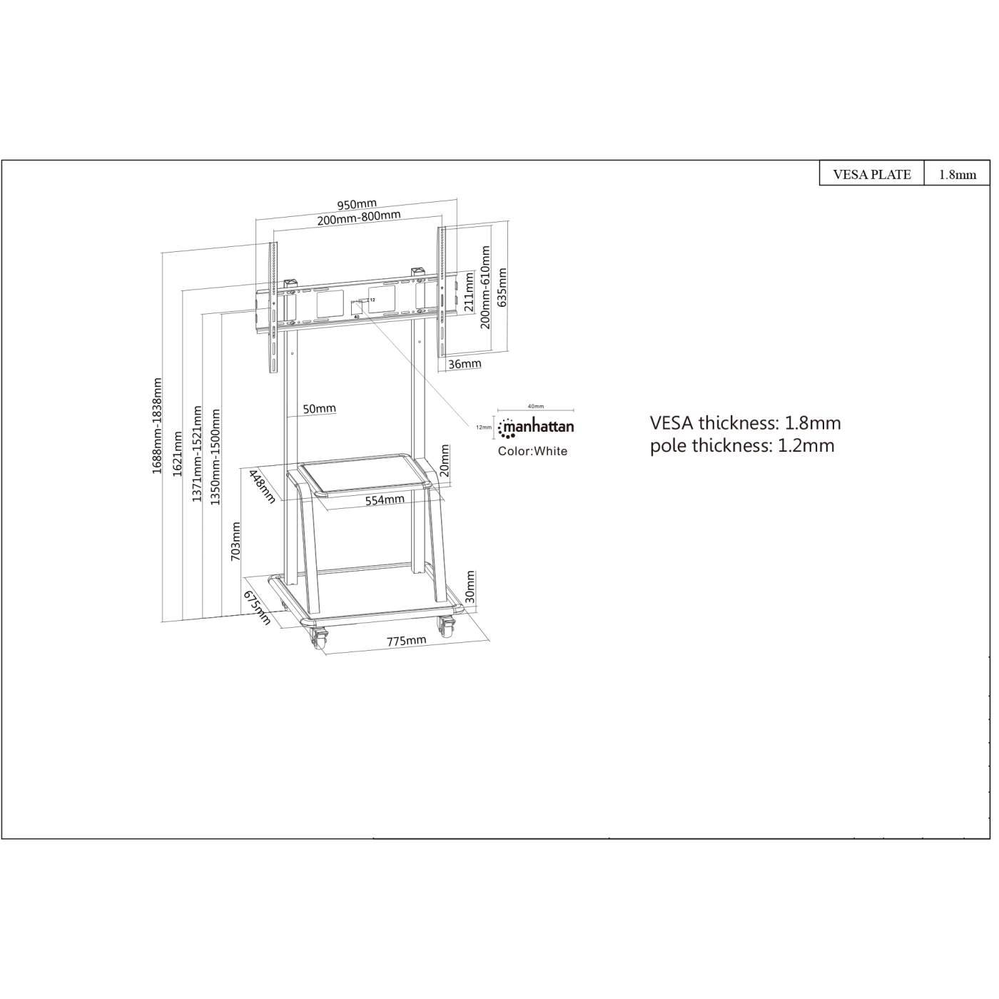 Ultra Heavy-Duty Height-Adjustable TV Cart Image 7