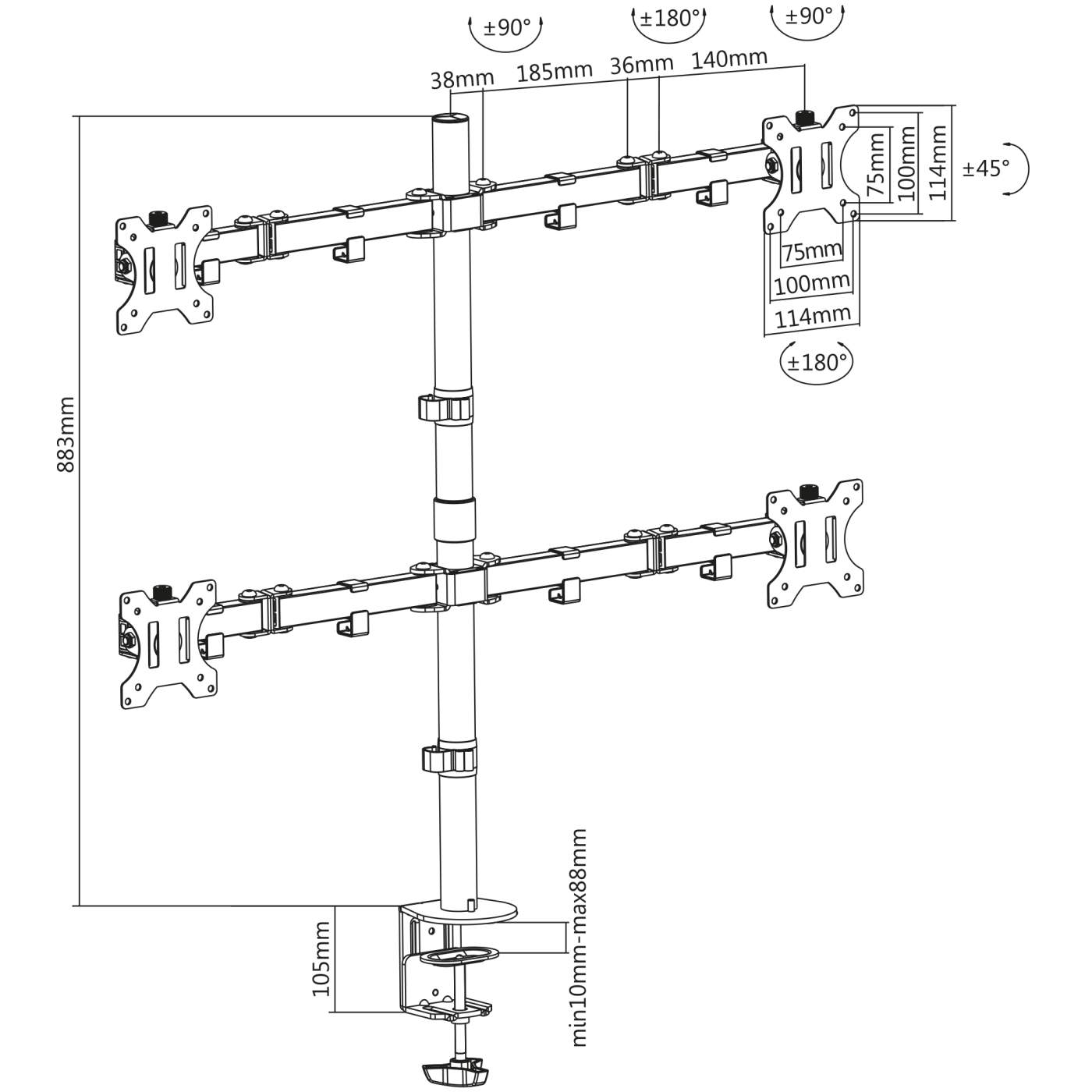 Universal Four Monitor Mount with Double-Link Swing Arms Image 6